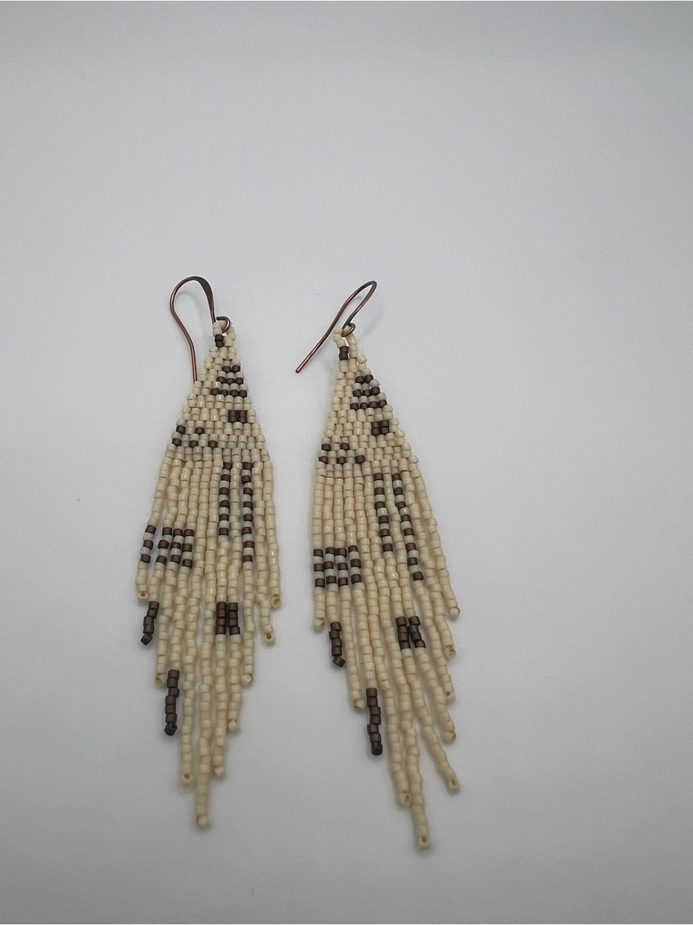 Handmade Cream and Brown Beaded Fringe Earrings